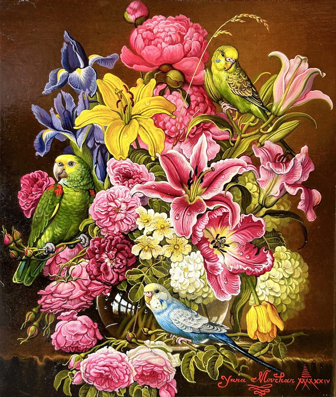 Painting of a lush flower bouquet with pink lilies, peonies, yellow blooms, and three colorful parrots