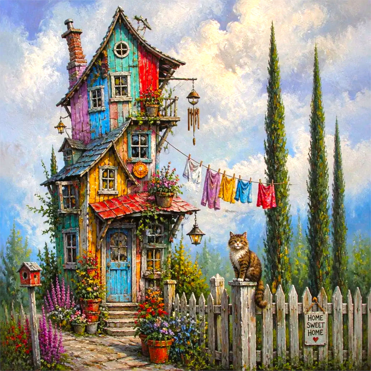 Whimsical painting of a tall crooked multicolored house with a cat sitting on a fence post surrounded by flowers