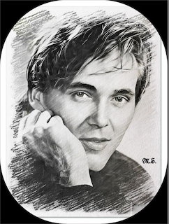 Black and white pencil drawing portrait of a young man with dark tousled hair resting chin on hand