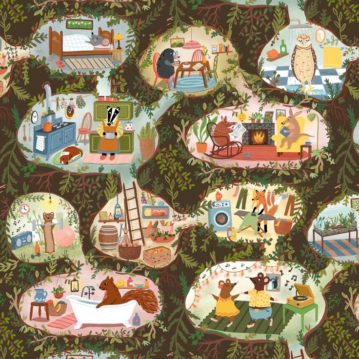 Cross-section illustration showing multiple cozy underground animal burrows with furniture and forest creature inhabitants