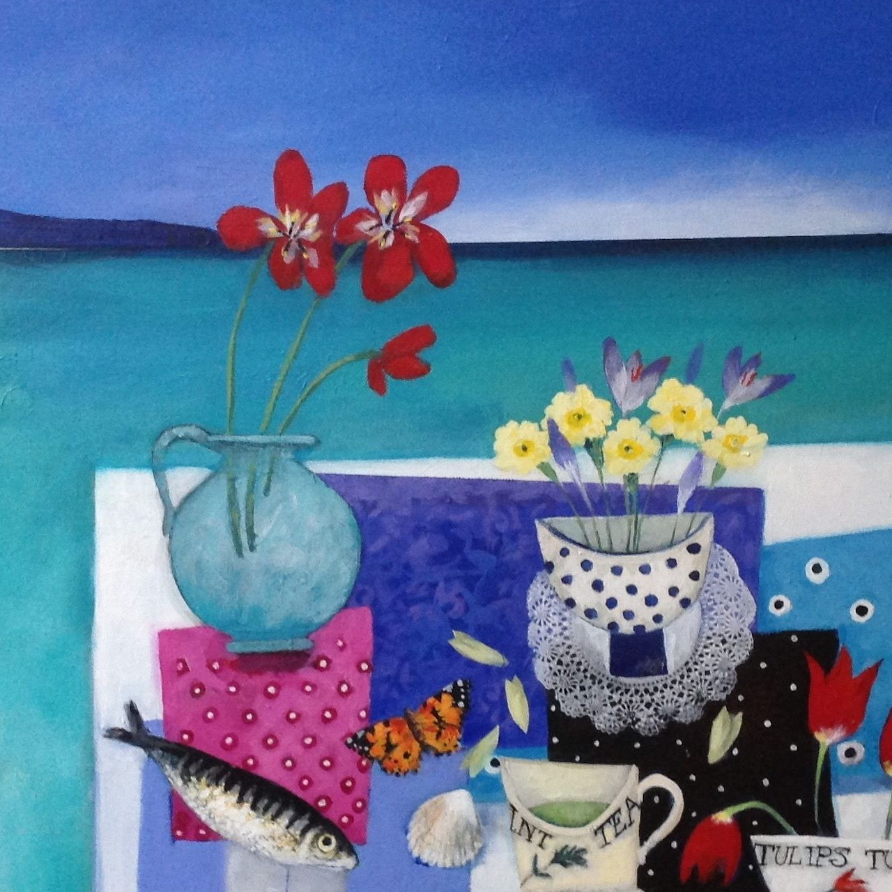 Painting of flower vases on balcony table with ocean view, featuring red and yellow blooms in decorative containers