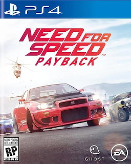 Need for Speed Payback PS4 cover with red and blue race cars and a helicopter