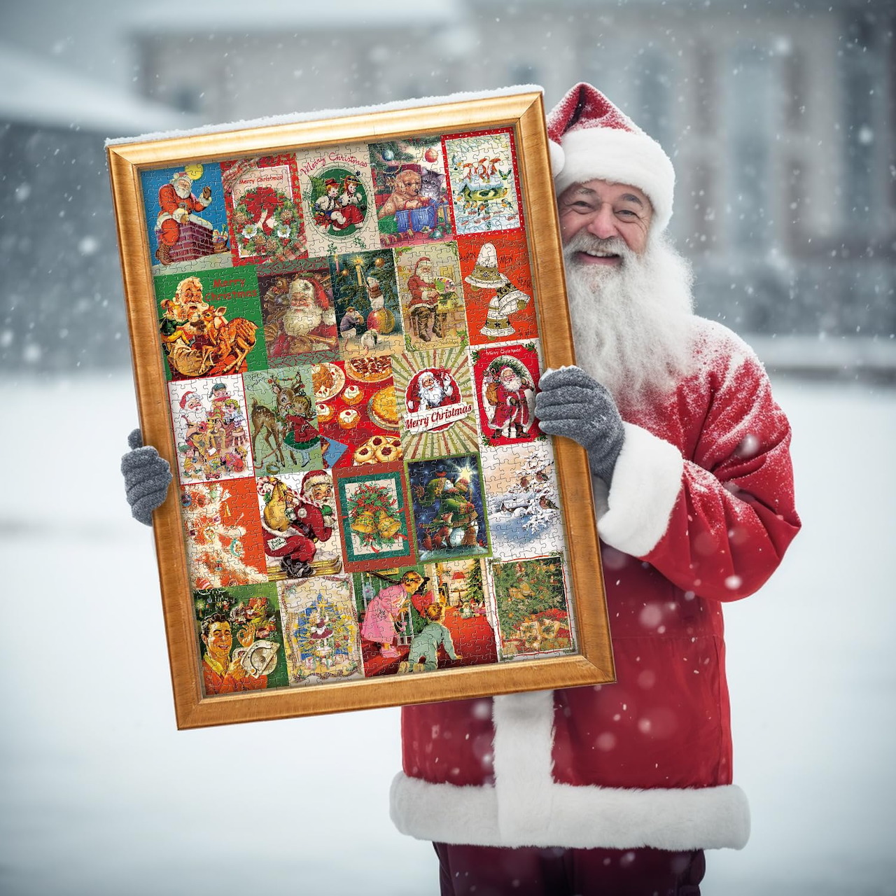 Santa Claus holding a wooden frame filled with vintage Christmas postcards while snow falls around him