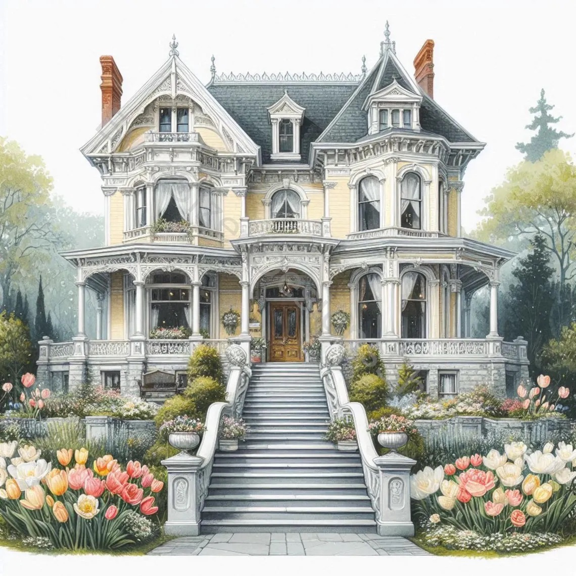 Watercolor of Victorian mansion with flowers