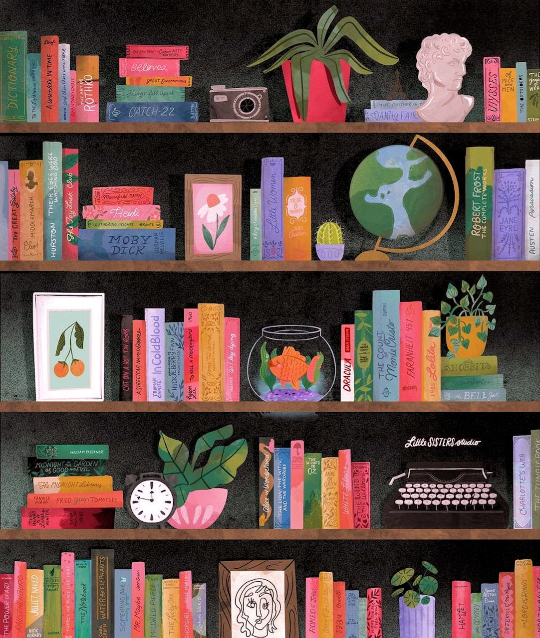 Illustrated bookshelf with colorful books, plants, a camera, bust, fishbowl, clock, and typewriter on dark shelves