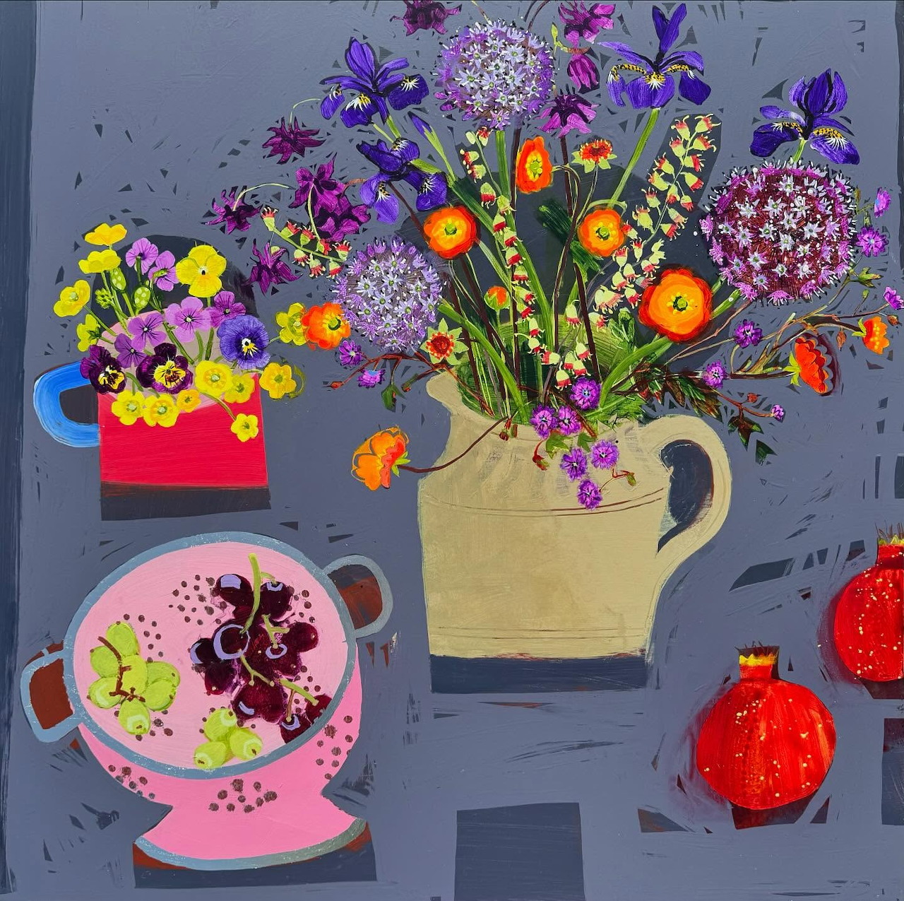 Still life painting of wildflowers in yellow pitcher with pink teacup and red vase on blue-gray surface