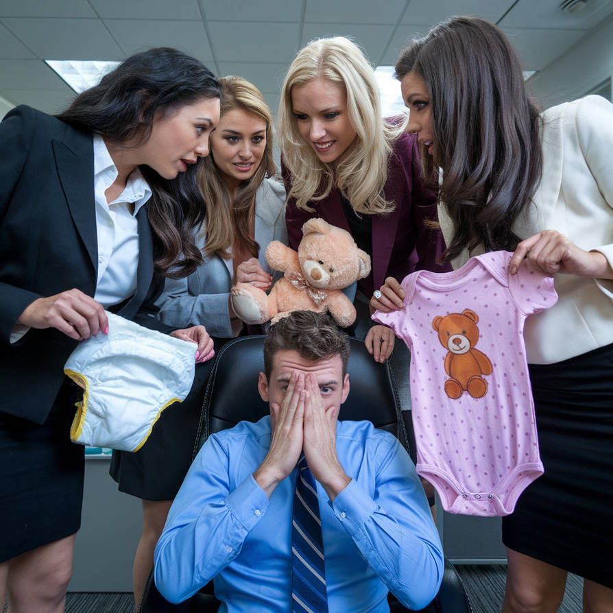 Office scene with a distressed man surrounded by four women holding a teddy bear, baby onesie, and diaper