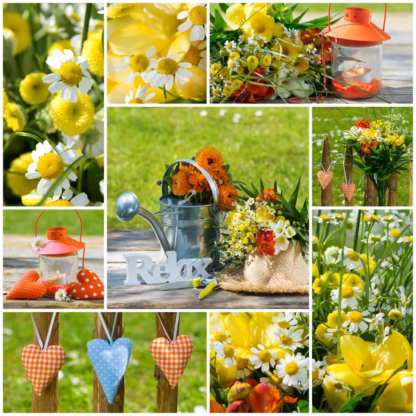 Collage of garden photos with yellow flowers, tulips, watering cans, and rustic decor