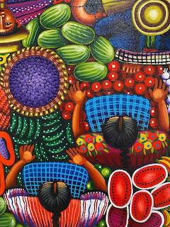 Colorful Guatemalan market painting with produce, flowers, and two women seated among baskets
