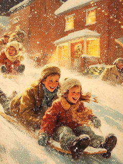 Two happy children on a sled sliding through snow with a cozy house and Christmas wreath in background