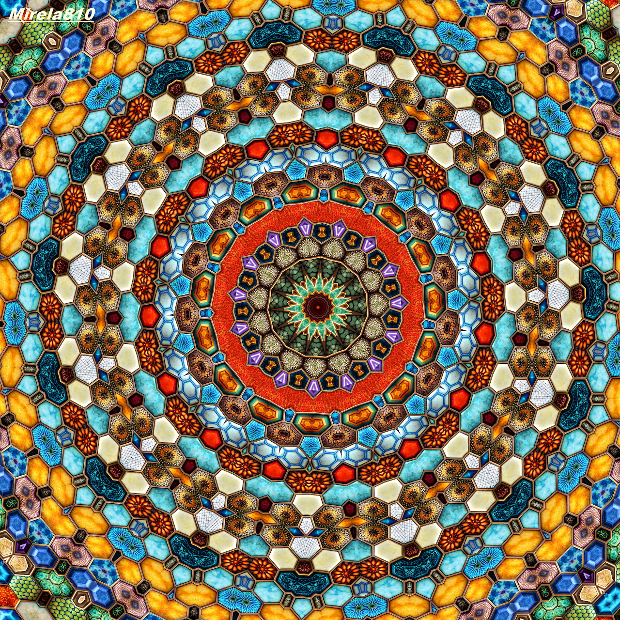 Colorful geometric mandala with concentric circles of ornate patterns in orange, turquoise, yellow and brown