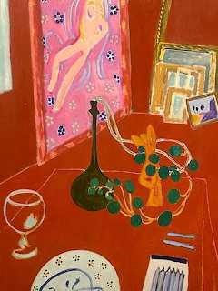 Matisse-style painting of interior table scene with wine glass, plate, and pink artwork on orange wall