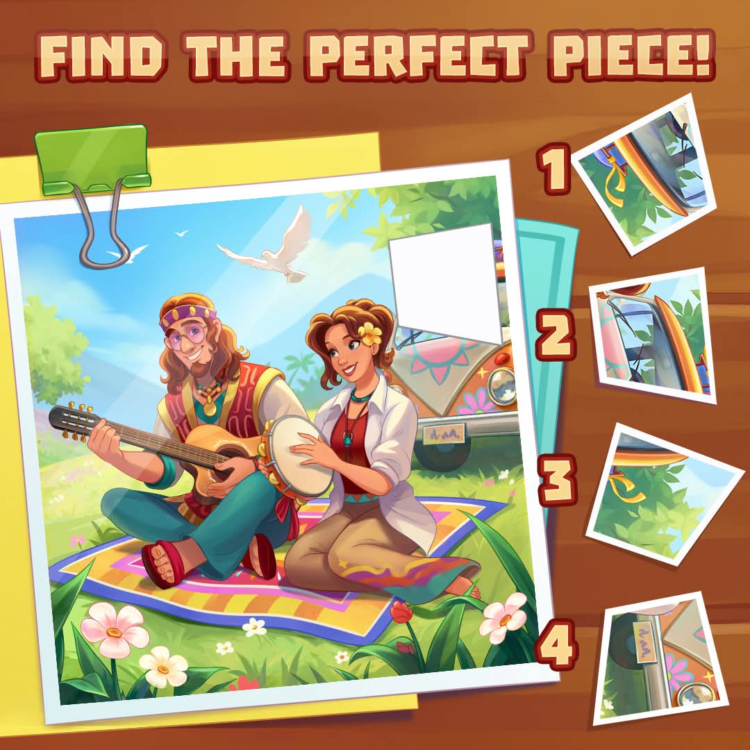 Two illustrated characters on a picnic blanket with landscape photo cards and puzzle pieces around them