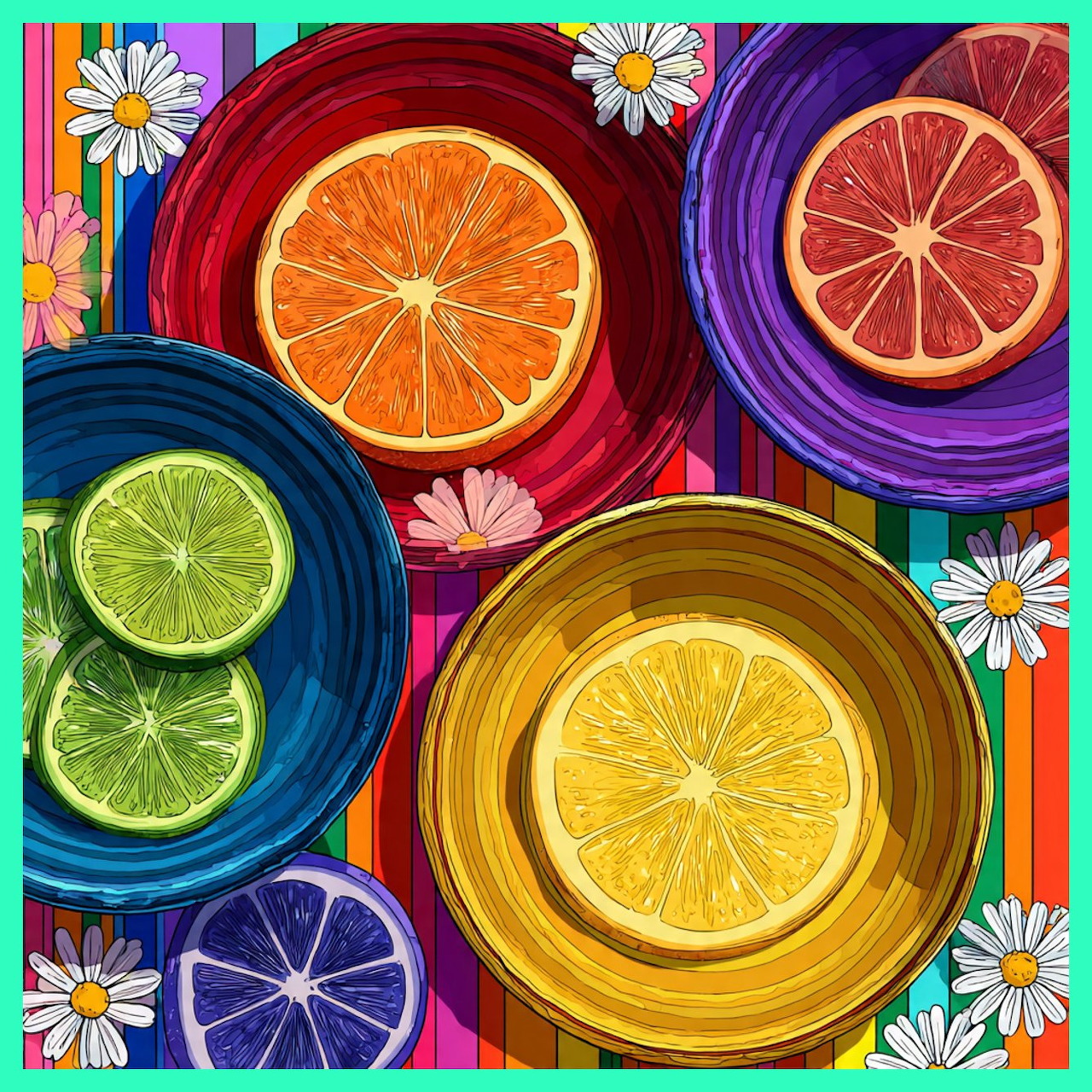Colorful citrus fruit slices in swirled bowls with daisies on rainbow background
