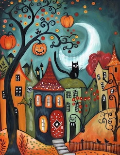 Whimsical Halloween illustration with black cat, pumpkin tree, cottages and crescent moon in a stylized village scene