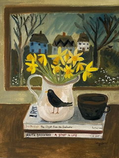 Folk art still life with daffodils in pitcher, blackbird, books, and window view of cottages