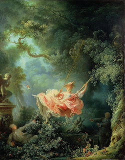 Woman in flowing pink dress swinging in an enchanted garden with cherubs and verdant trees
