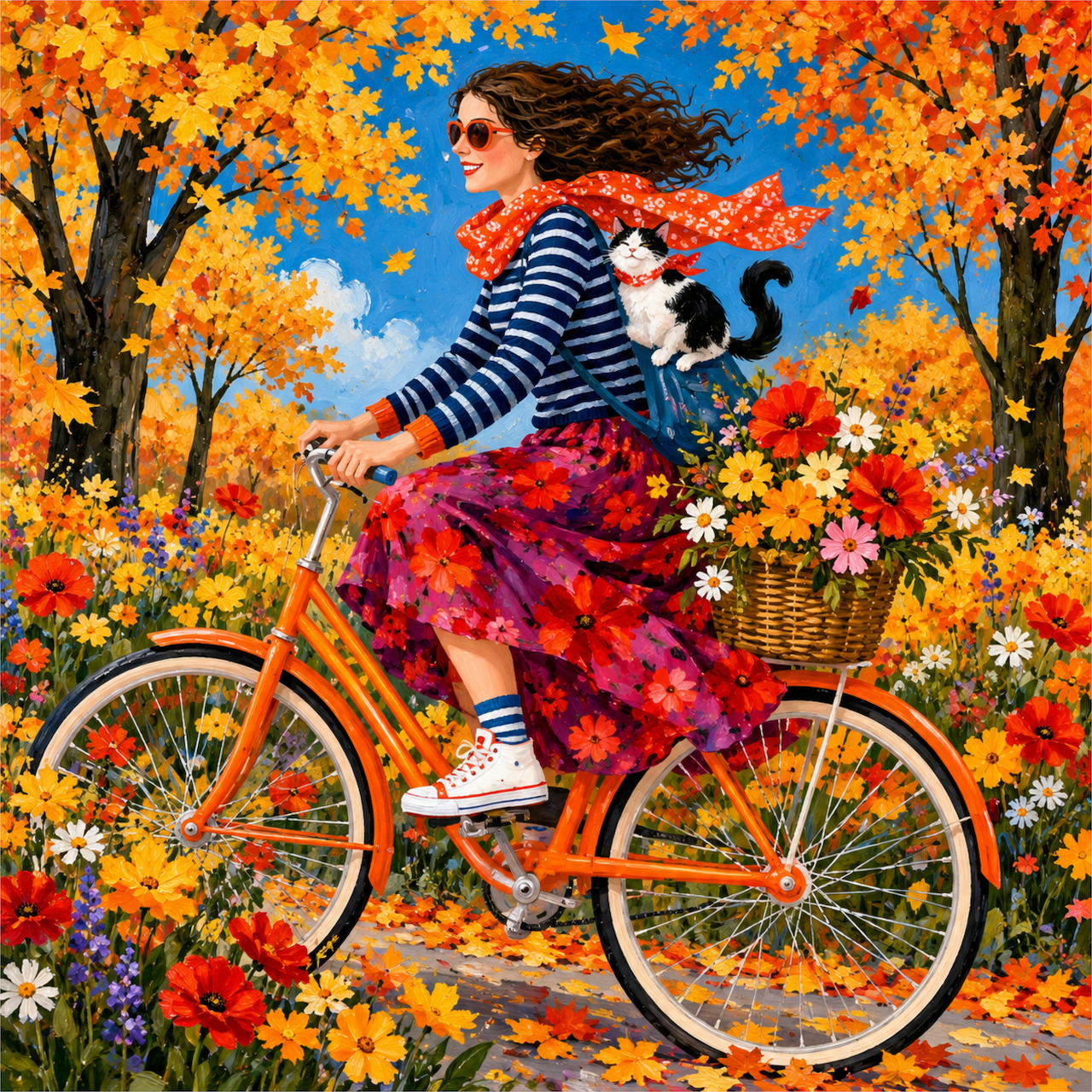 Woman riding an orange bicycle with a cat and flower basket amid colorful autumn foliage.