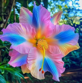 Close-up of a rainbow-colored hibiscus flower with pink, blue, yellow and white gradient petals