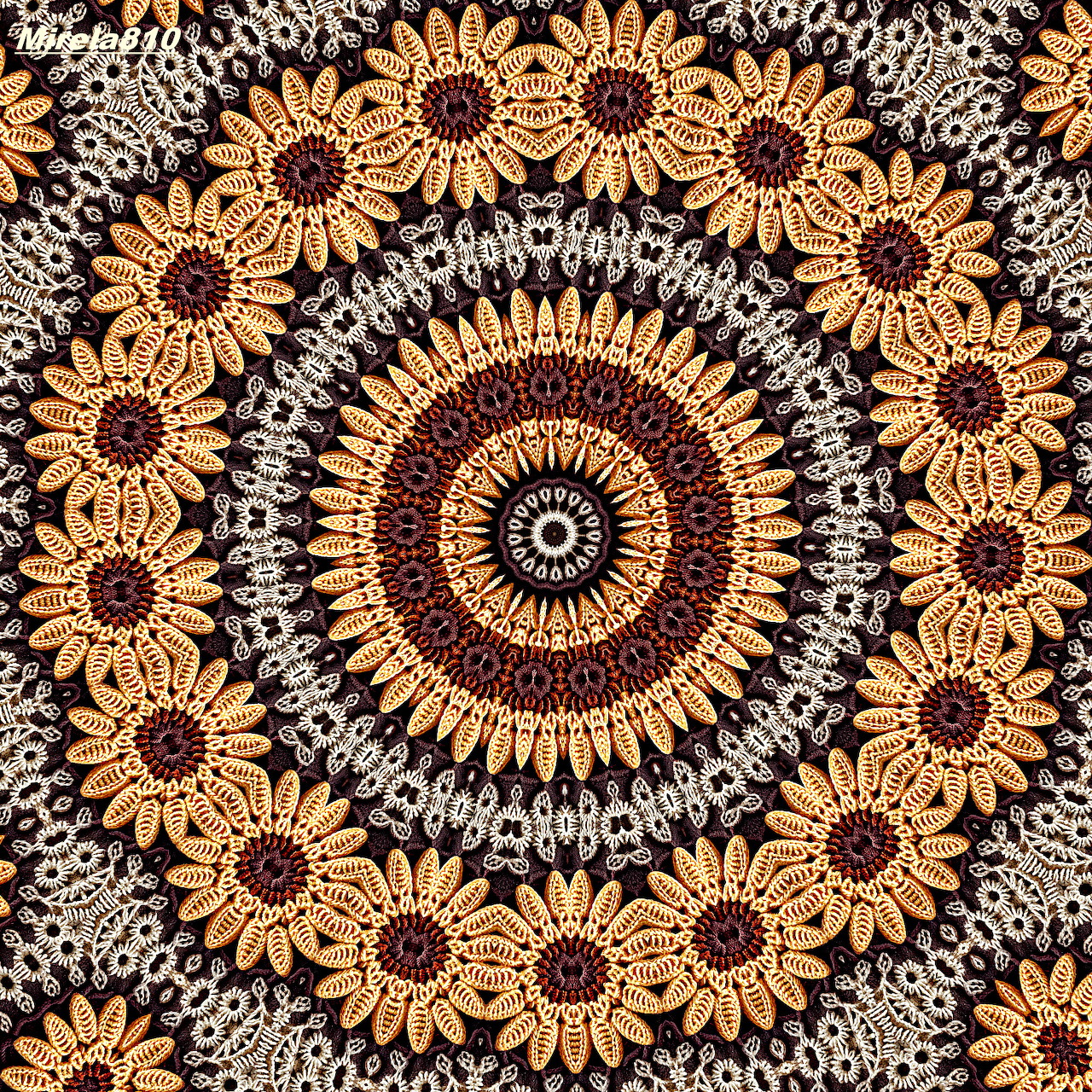 Circular mandala pattern with sunflowers and ornate geometric details in gold, brown, and beige