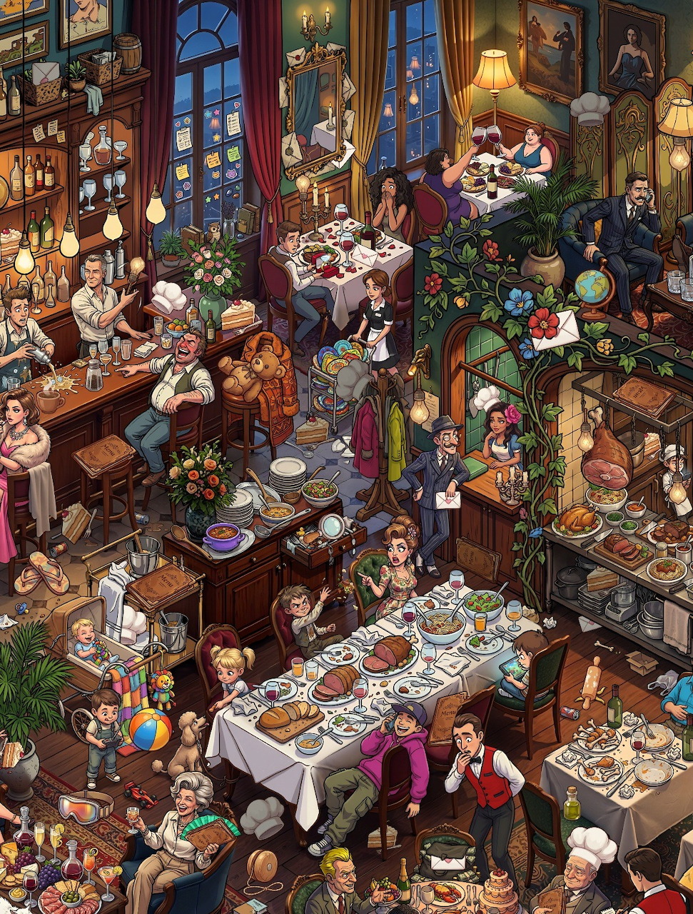 Crowded cartoon Christmas dinner scene with many characters gathered around a festive table in a decorated room