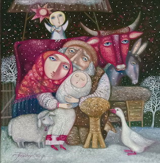 Folk art nativity scene with holy family, animals, and angel under stars