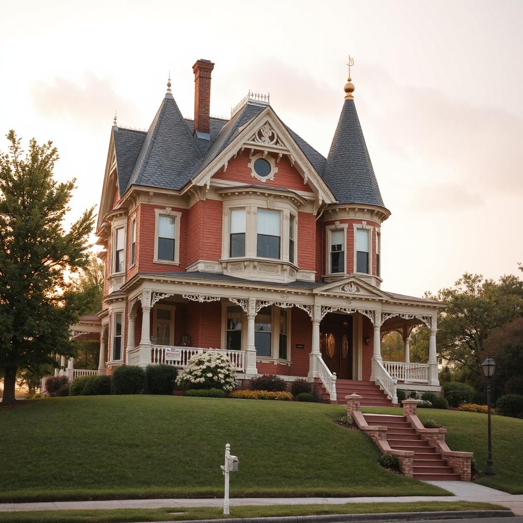 Pink Victorian mansion with turrets and white trim on green lawn
