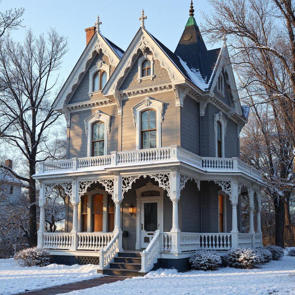 Victorian house with ornate white porch and blue-gray siding surrounded by snow and bare trees