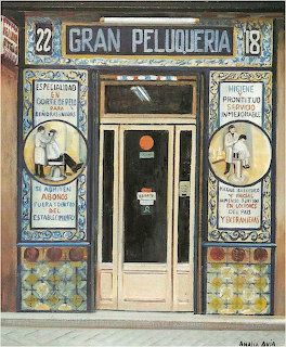 Realistic painting of a traditional Madrid barbershop storefront with decorative tiles and Gran Peluquería sign