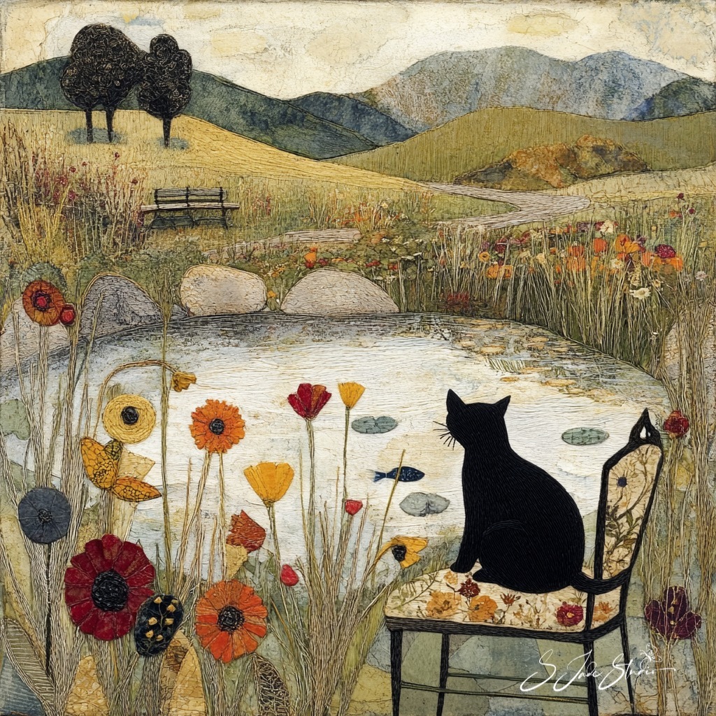 Black cat sitting on chair by pond with wildflowers in naive folk art style