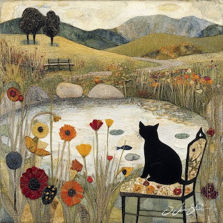 Cat by Pond Folk Art