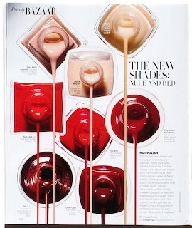 Nail polish jars in nude and red tones arranged on magazine page with dripping lacquer effect