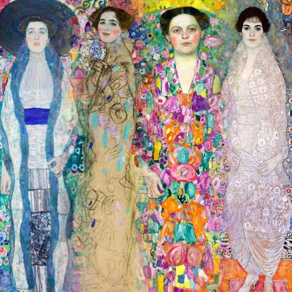 Four women in elaborate decorative dresses standing side by side in Art Nouveau painting style