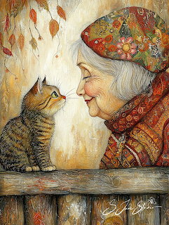 Elderly woman in floral headscarf nose-to-nose with tabby cat against autumn background with falling leaves