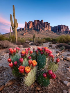Prickly pear cactus with red and orange blooms in front of saguaro cacti and desert mountains at dusk