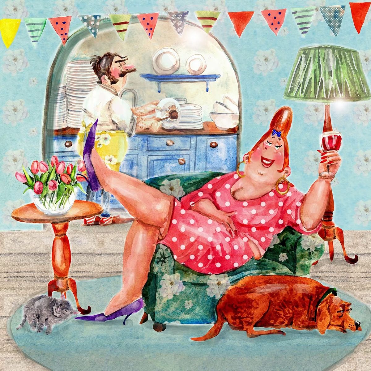 Illustrated woman in a red polka dot dress relaxing in a chair with a sleeping dog nearby
