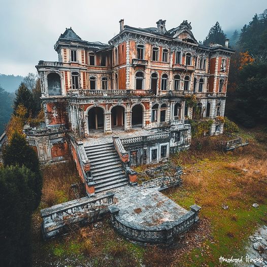 Aerial view of abandoned red brick mansion with ornate facade and grand staircase in foggy forest