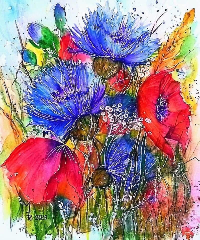 Watercolor painting of red poppies and purple asters with colorful paint splatters