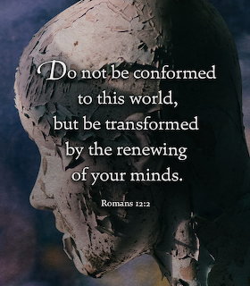 Profile of a weathered clay head sculpture with Romans 12:2 text overlay