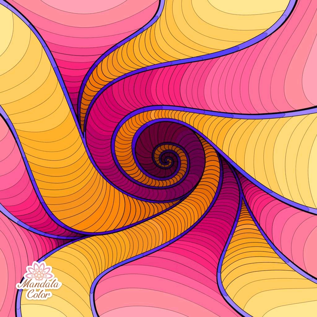 Abstract swirl pattern in pink and yellow with blue outlines forming concentric spirals