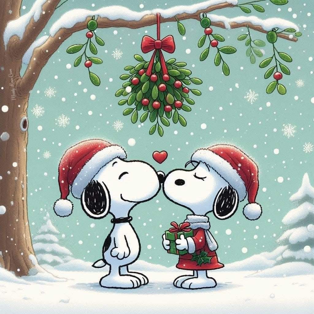 Two cartoon dogs in Santa hats kissing under mistletoe in a snowy Christmas scene