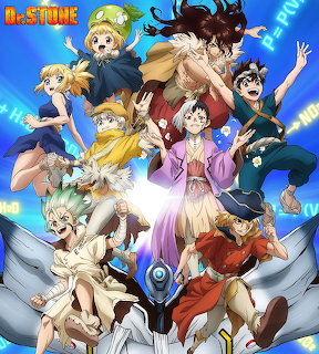 Colorful anime group art showing multiple Dr Stone characters in action poses with blue lightning background