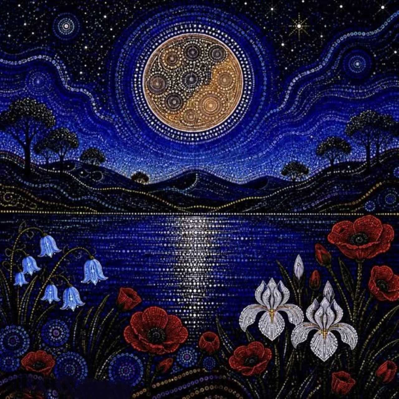 Dot-art moon reflecting on water with flowers and night sky