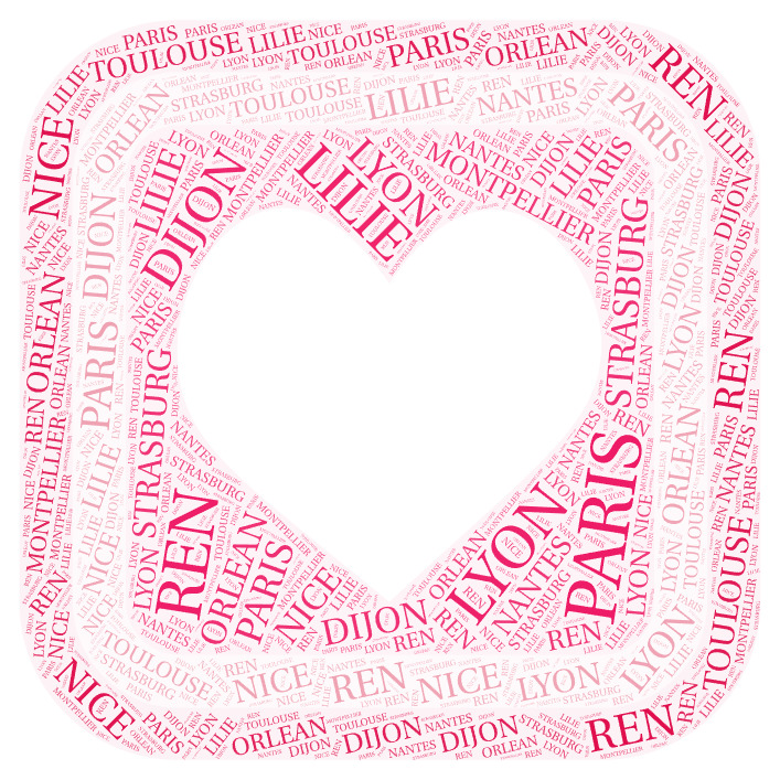 Heart-shaped word cloud with French city names in pink text on white background