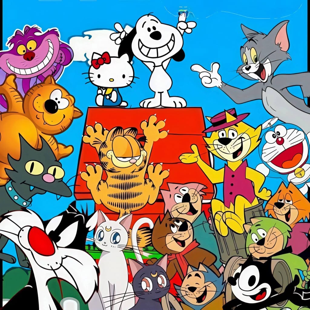 Colorful collage of cartoon cat characters including Garfield, Tom, Hello Kitty, Doraemon, and Sylvester