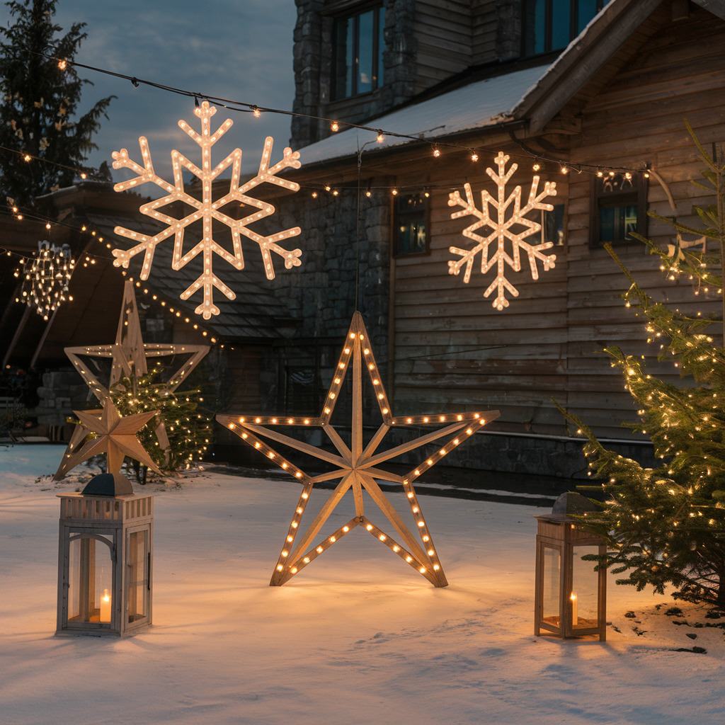 Illuminated snowflake and star decorations in snowy yard with wooden cabin and string lights at dusk
