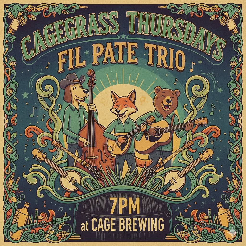 Vintage-style illustrated poster with a fox, bear, and dog playing string instruments