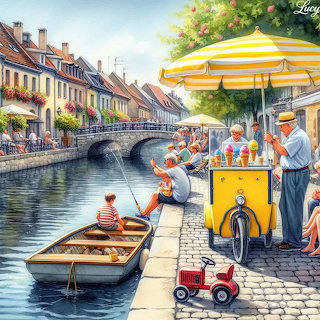 Illustrated canal village with an ice cream cart, people by the water, and a small boat