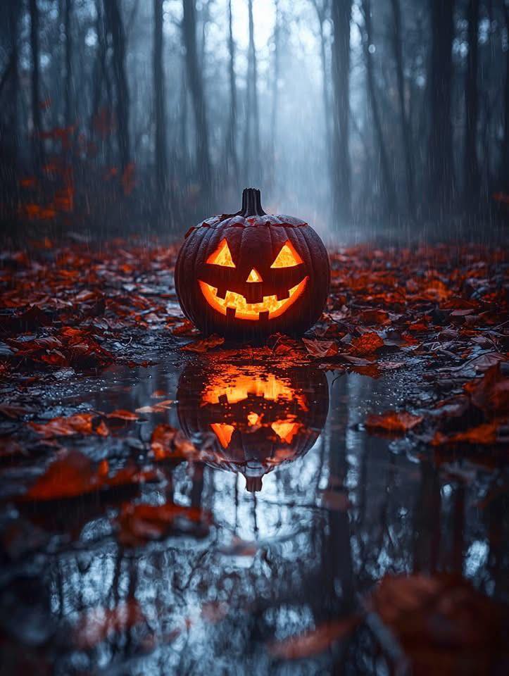 Glowing carved pumpkin jack-o-lantern reflected in a pudle on a dark rainy forest floor with autumn leaves