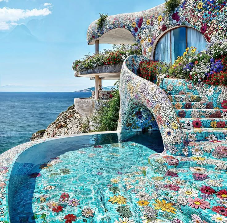 Colorful floral mosaic villa with curved stairs, pool, and ocean view